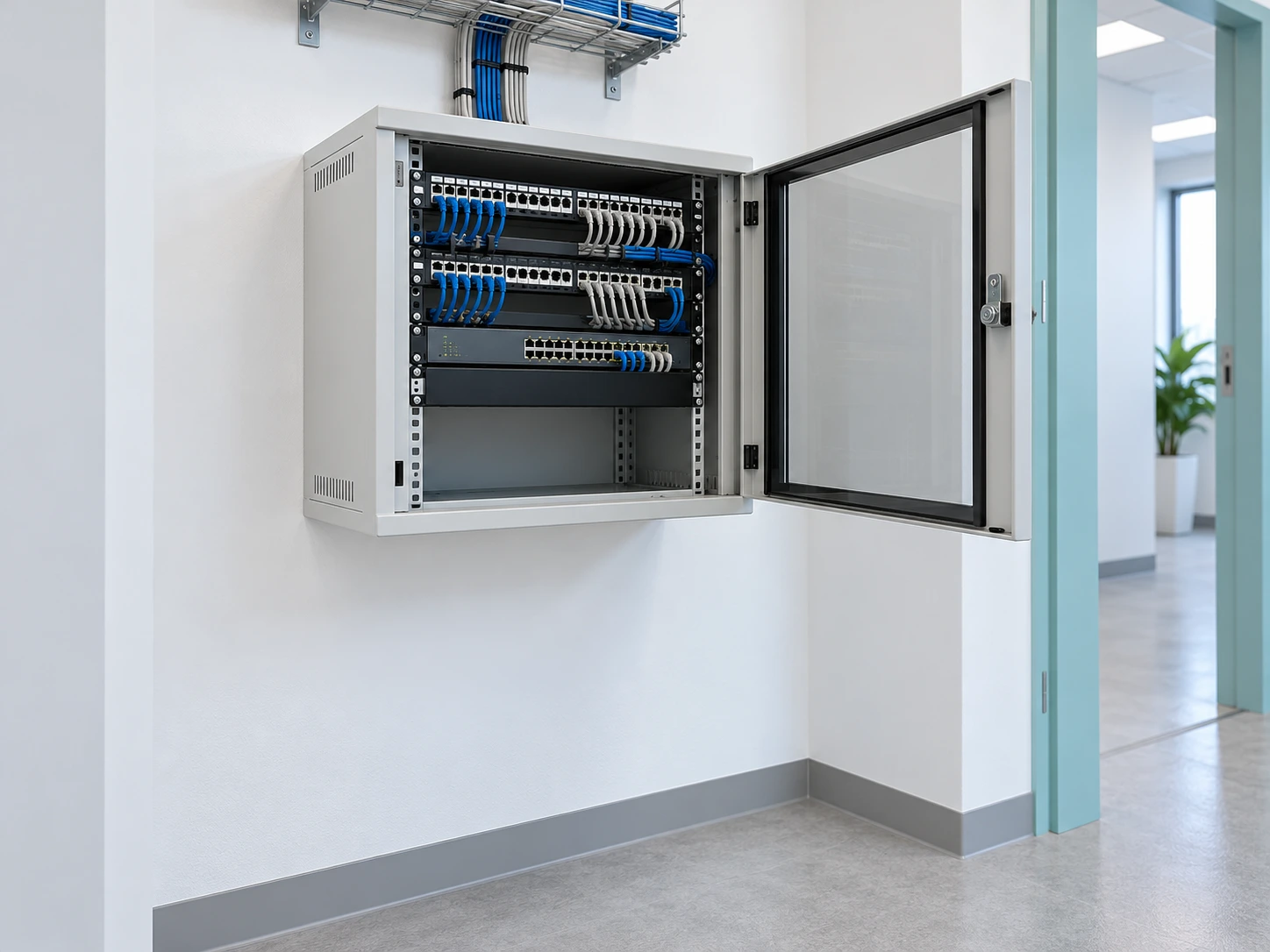 KI-generiertes Beispiel: Wandmontierter Etagenverteiler mit Patchpanels, Switch und geordneter Verkabelung