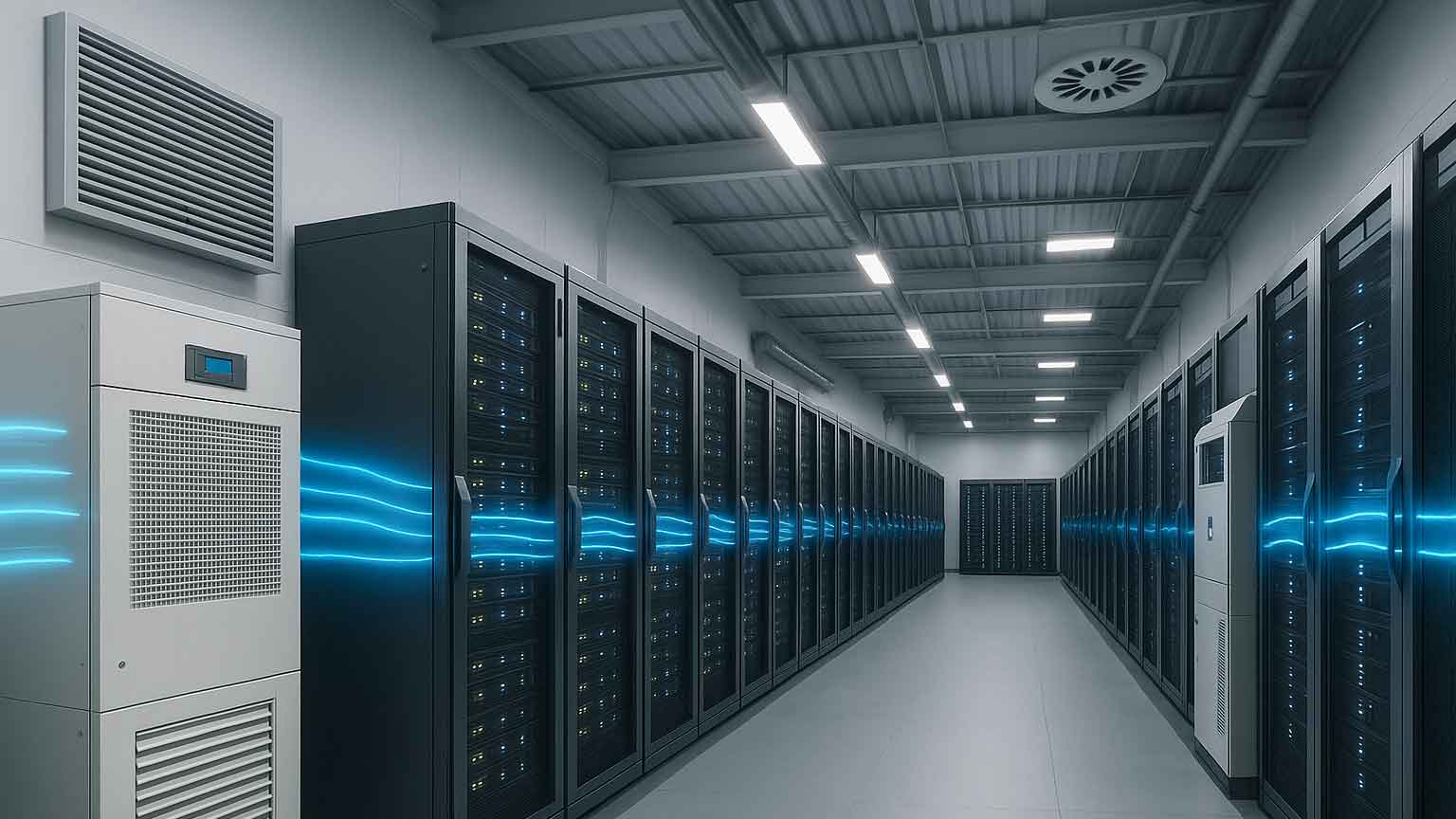 Klimageräte und Serverracks mit schematisch dargestellter Luftführung im Rechenzentrum. Klimageräte und Serverracks mit schematisch dargestellter Luftführung im Rechenzentrum.
