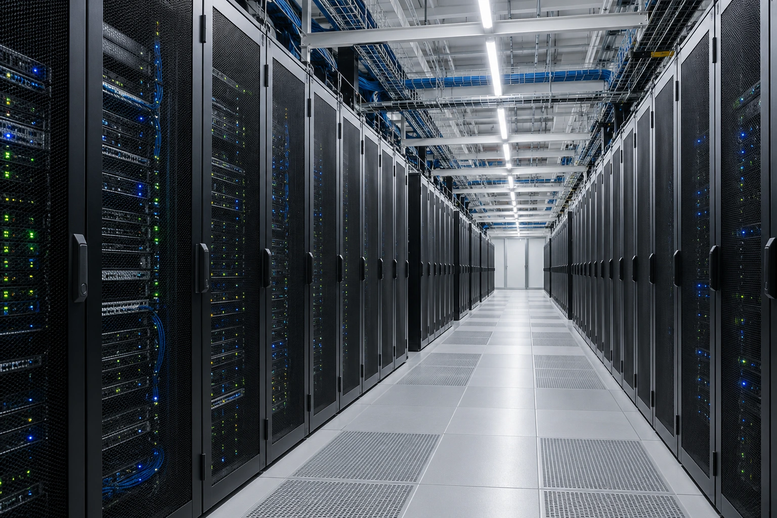 Serverschrankreihen in einem Rechenzentrum mit schematisch dargestellten Datenverbindungen. Serverschrankreihen in einem Rechenzentrum mit schematisch dargestellten Datenverbindungen.