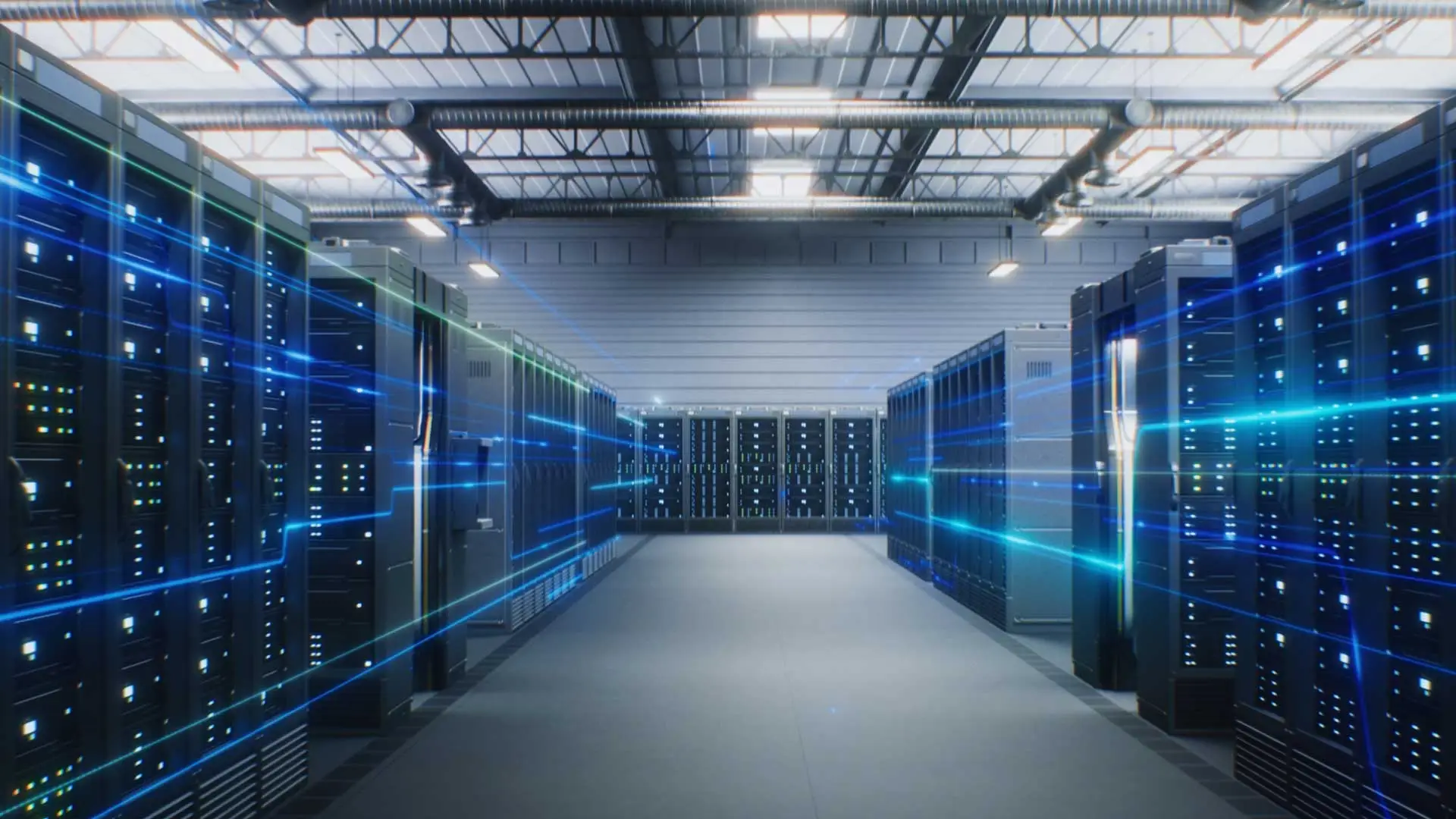 Serverschrankreihen in einem Rechenzentrum mit schematisch dargestellten Datenverbindungen. Serverschrankreihen in einem Rechenzentrum mit schematisch dargestellten Datenverbindungen.