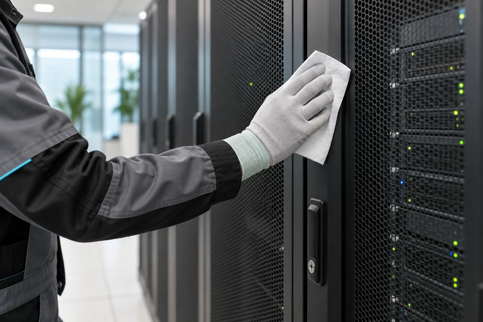 KI-generiertes Beispiel: vorsichtige Reinigung der Außenfläche eines geschlossenen Serverracks im Betrieb. KI-generiertes Beispiel: vorsichtige Reinigung der Außenfläche eines geschlossenen Serverracks im Betrieb.