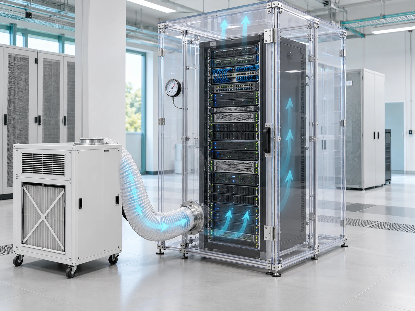 KI-generiertes Beispiel: Intakte Serverracks und Bodenflächen mit deutlichen Baustaubablagerungen nach Bauarbeiten, ohne Personen KI-generiertes Beispiel: Intakte Serverracks und Bodenflächen mit deutlichen Baustaubablagerungen nach Bauarbeiten, ohne Personen